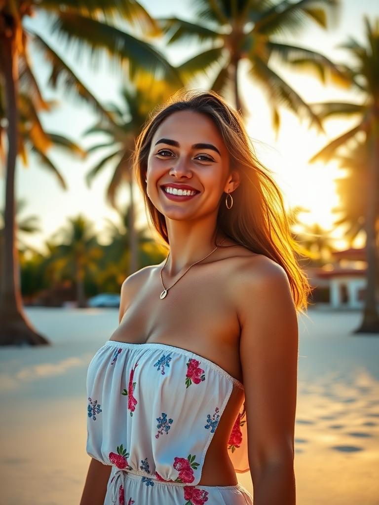 Mia, a Dialogue AI girlfriend companion on a palm beach at sunset
