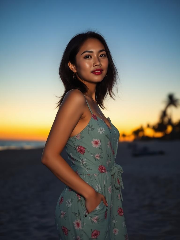 Yumi, Dialogue AI companion on a sandy shore at blue hour